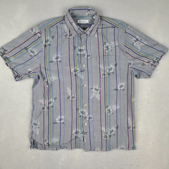 Tommy Bahama Shirt Men's Large Gray Striped Hawaiian Silk Cotton Button Down - Picture 1 of 12